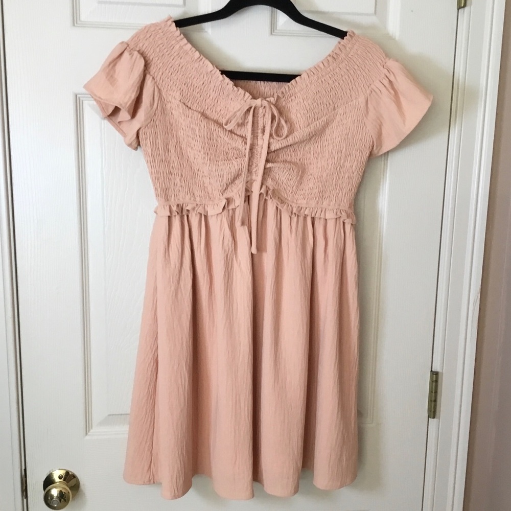 Altar’d State Smocked Short Sleeve Peach Mini Dress - L